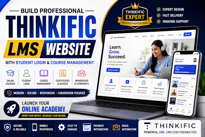 build thinkific lms website with student login and course management