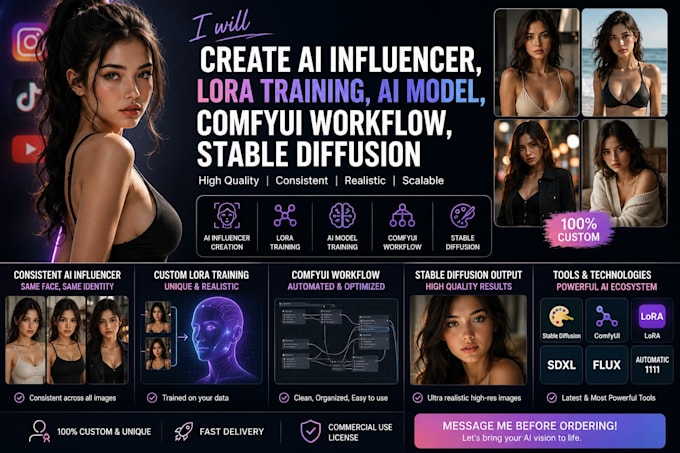 create ai influencer, lora training ai model comfyul workflow stable diffusion