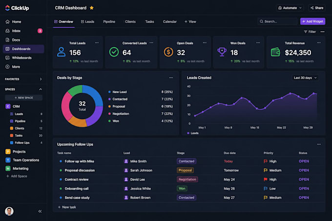 build a custom clickup CRM with dashboards workflows and automation