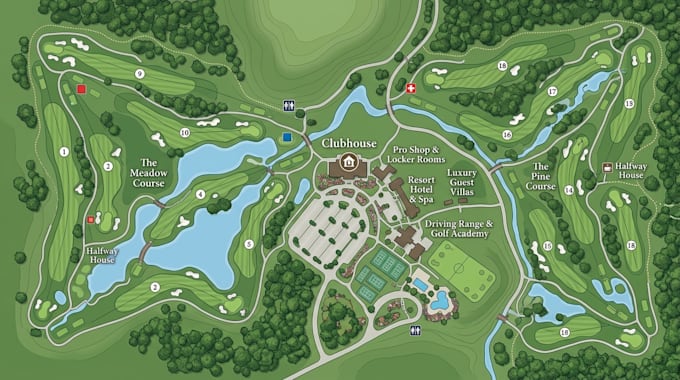 create golf resort map, golf property map, golf club map, golf wayfinding map
