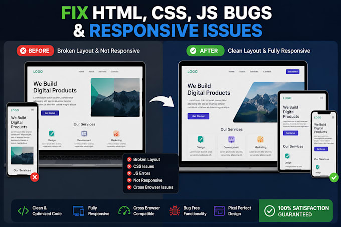 fix HTML CSS javascript bugs and responsive website issues