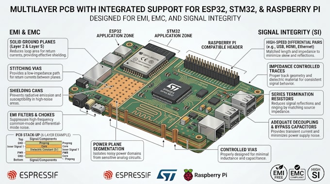 design multilayer pcb with emi emc signal integrity for esp32 stm32 raspberry pi