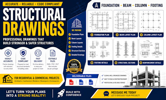 create structural foundation, beam, column and footing drawings