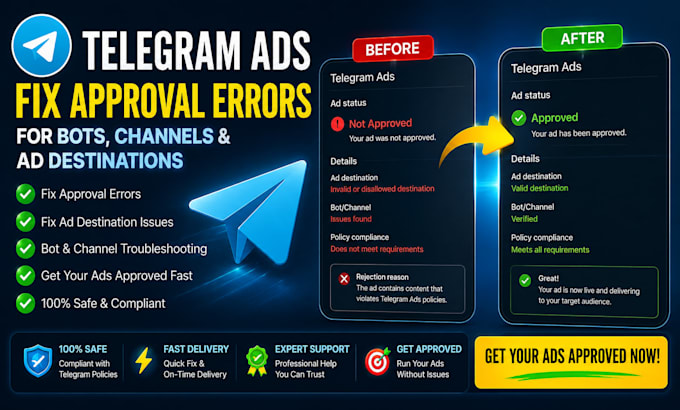 fix telegram ads approval errors for bots, channels, and ad destination