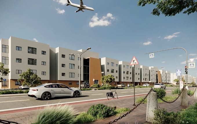 showcase 3d department complex rendering, exterior render, building street view