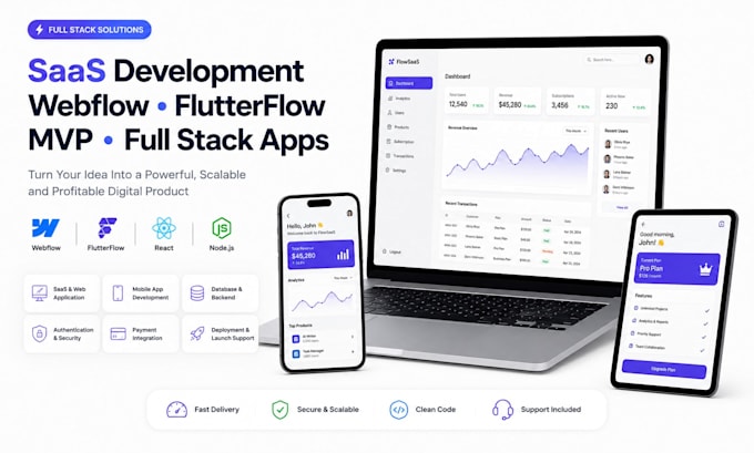 saas development webflow mobile app flutterflow mvp full stack app development