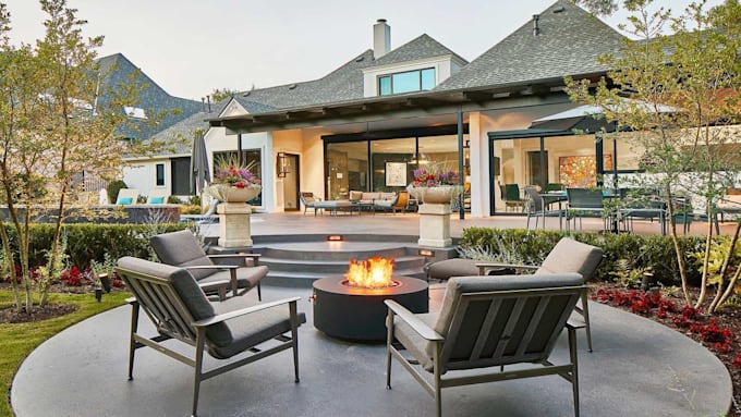 design elegant 3d terrace with pergola, deck, and lounge area