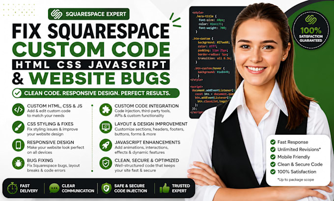 fix squarespace custom code HTML CSS javascript website bugs and responsive fix