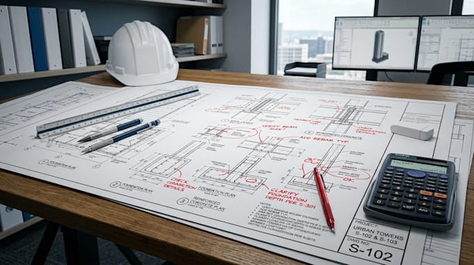 review structural plans, redline structural drawings, fix construction errors