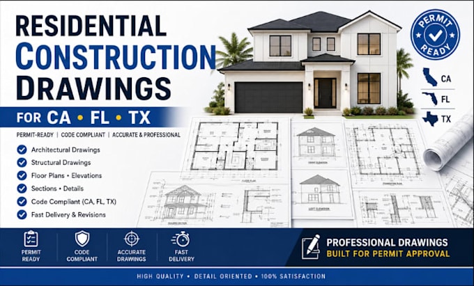 create residential construction drawings for ca fl tx