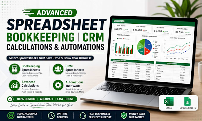 advanced spreadsheet, crm spreadsheet, bookkeeping, calculations and automations