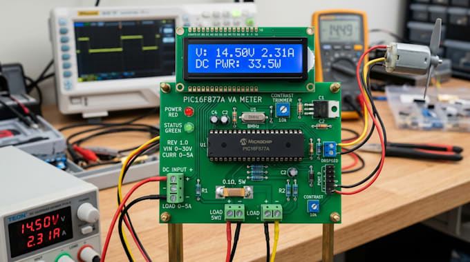 design pic16f877a digital voltmeter, ammeter pcb and lcd display system