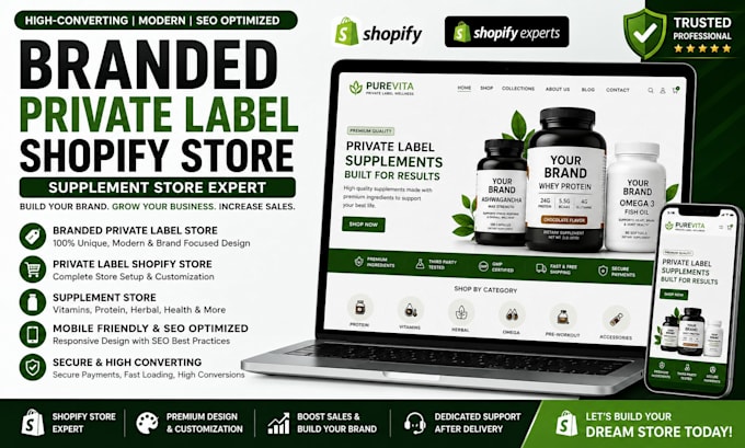 build branded private label store, private label shopify store, supplement store