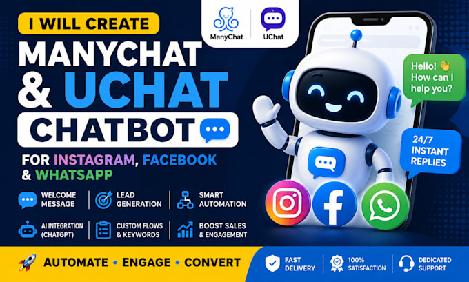 create manychat and uchat chatbot for instagram, facebook, and whatsapp