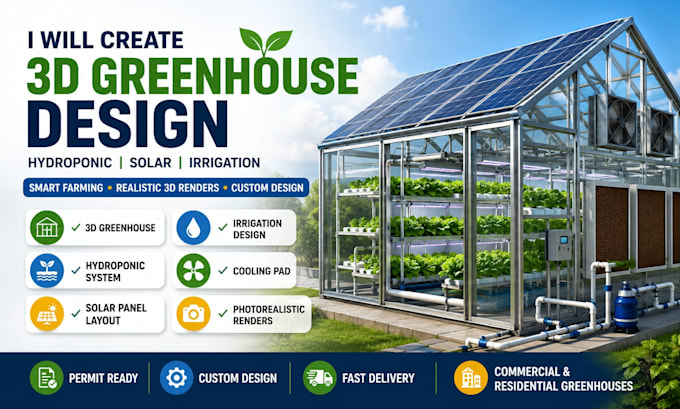 create 3d greenhouse, solar panel, cool pad, hydroponic lightning, irrigation
