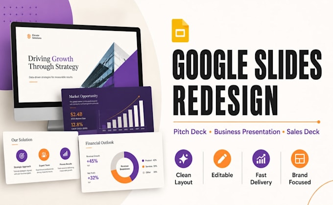 design google slides redesign, pitch deck, business presentation and sales deck