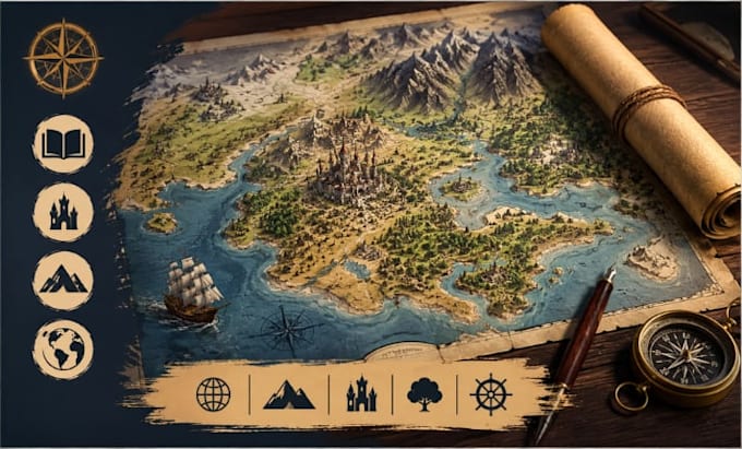 create fantasy book map, novel map, world map, kingdom map illustration