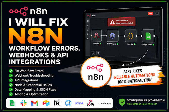 fix n8n workflow errors, webhooks and API integrations