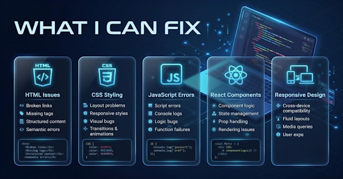 fix HTML CSS javascript react website bugs