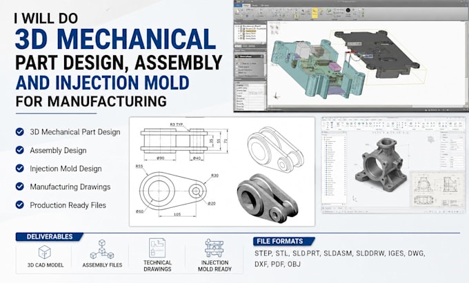 do 3d mechanical part design, assembly and injection mold for manufacturing
