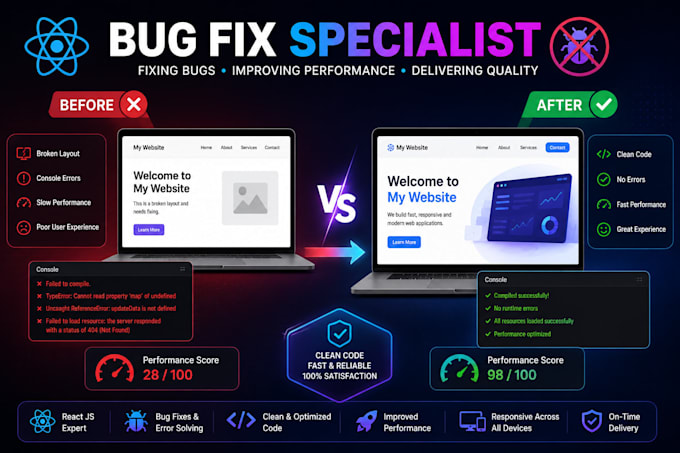 fix react, next js, js, and typescript bugs within 24 hours