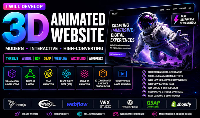 develop 3d animated website 3d webflow site threejs ,r3f and webgl wix studio