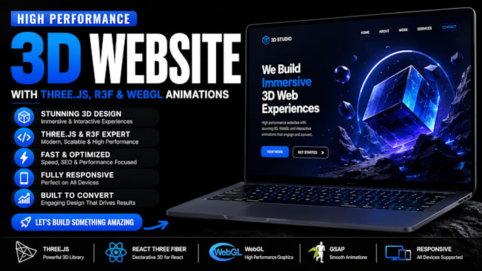 develop high performance 3d website with threejs, r3f and webgl animations