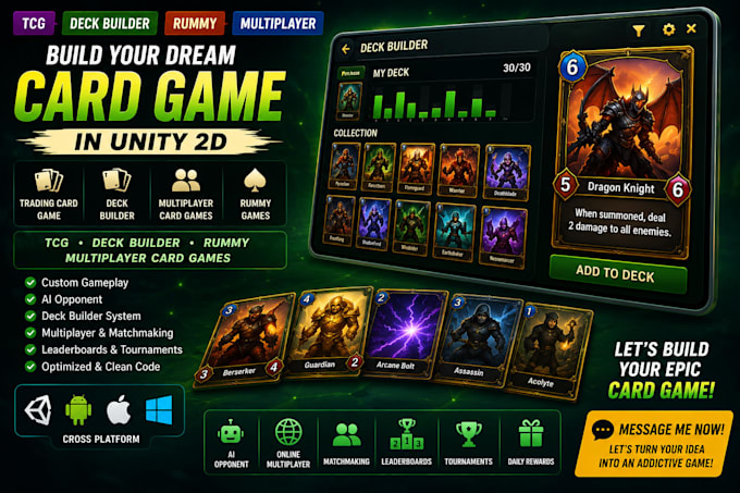 develop unity 2d trading card, tcg, rummy, deck builder, multiplayer card game
