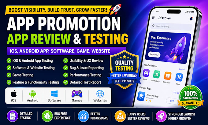 do app promotion, app review, testing ios, android app, software, game website