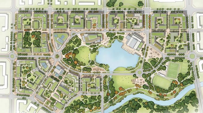 design architectural site plan, master plan, 3d site plan rendering