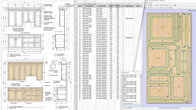create cabinet shop drawing, millwork drawings, cut list, cnc router files