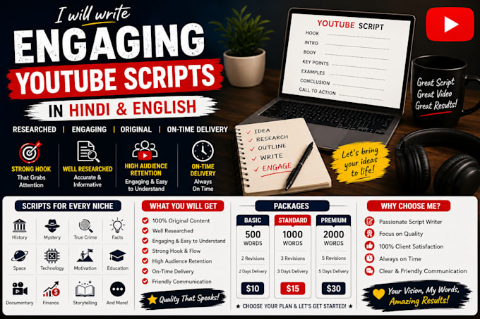 write engaging youtube scripts in hindi and english