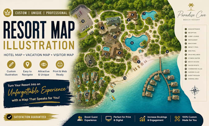 custom resort map illustration, hotel resort map vacation resort map visitor map