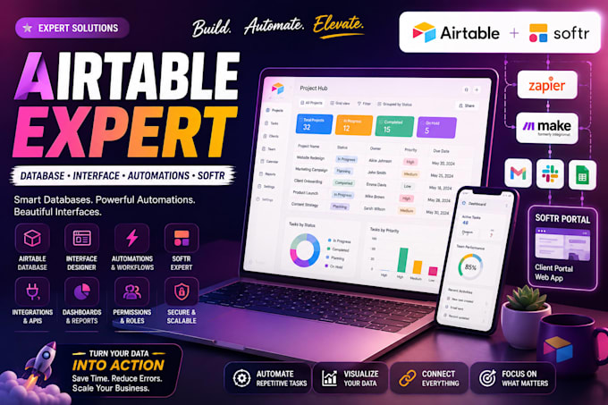design airtable database with make, zapier and softr integration