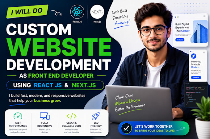 do custom website development as front end developer using react js next js