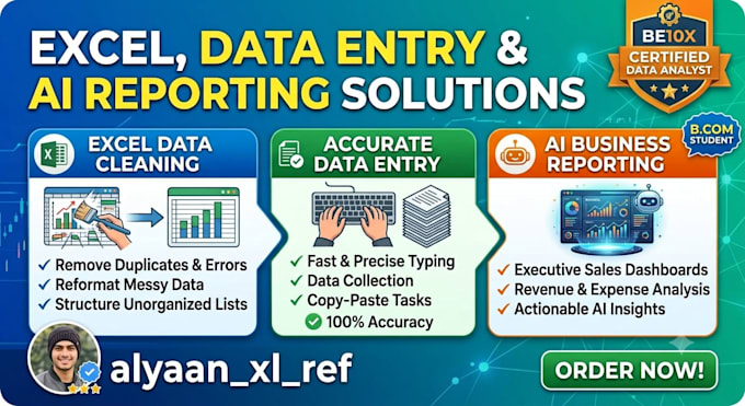 do excel data cleaning, data entry, and ai business reporting