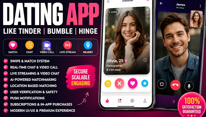 develop dating app, matchmaking app, tinder clone lqbtq hinge bumble video chat