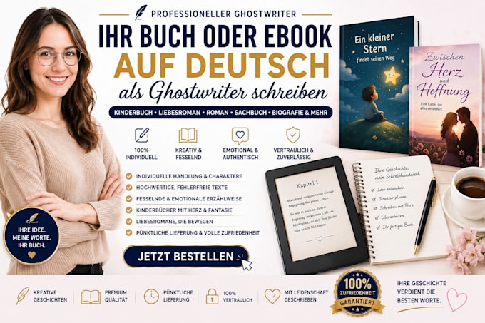ihr buch oder ebook auf deutsch als ghostwriter schreiben, kinderbuch, liebesrom