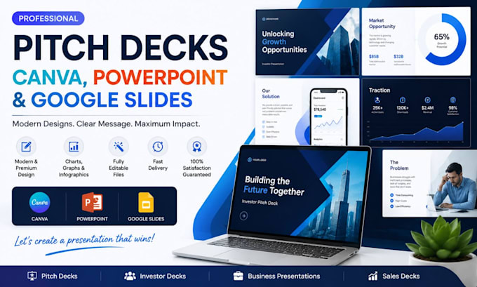 design professional pitch decks, slide deck,canva, powerpoint and google slides