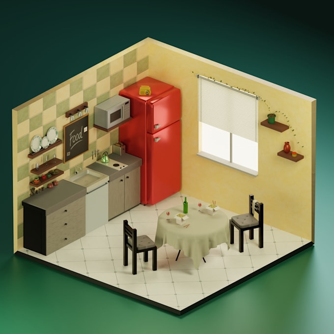 create a stylized isometric 3d room or interior