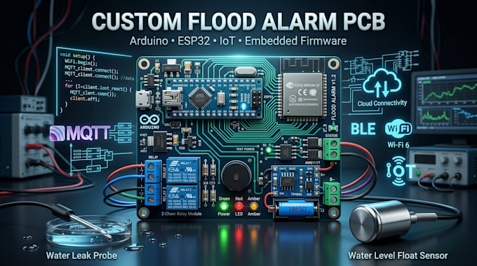 design custom flood alarm pcb, arduino esp32, iot and embedded firmware