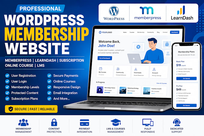 wordpress membership lms and subscription website with memberpress and learndash