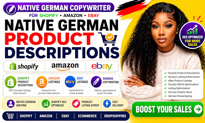 write native german product descriptions for shopify, amazon, ebay