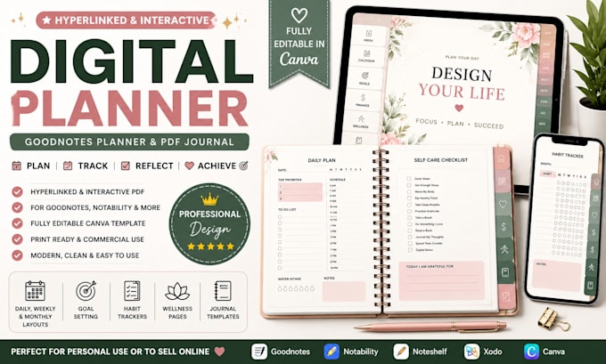 design hyperlinked digital planner, goodnotes planner etsy digital planner