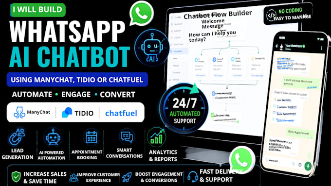 build ai  whatsapp chatbot using manychat, tidio or chatfuel