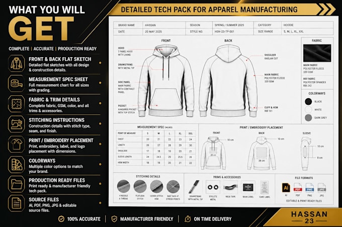 create professional clothing tech pack for manufacturers