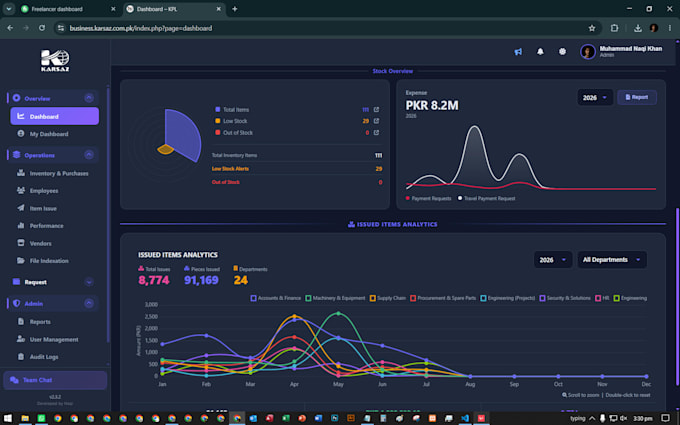 develop inventory dashboard using PHP, sql frontend and backend