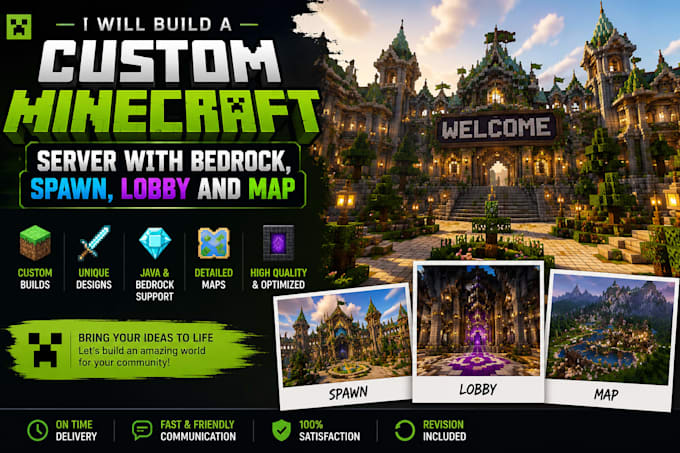 build minecraft server, java, bedrock, spawn, lobby, and minecraft map