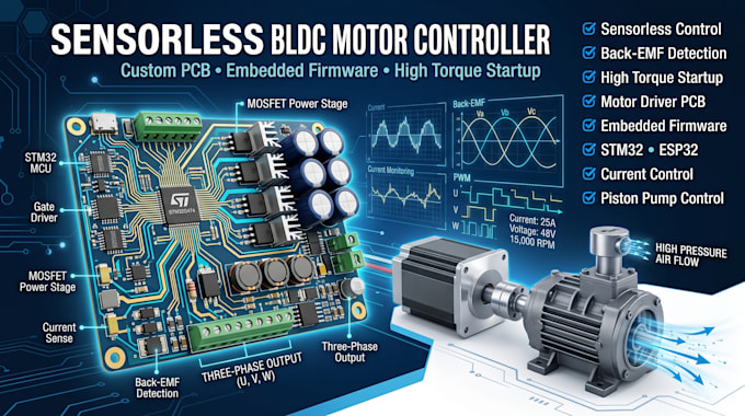 design sensorless bldc motor controller pcb firmware for high torque piston pump