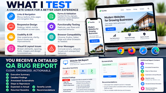 test your website or web app and provide a detailed bug report